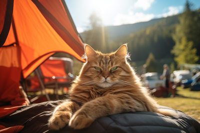 Image of Cat relaxing by tent