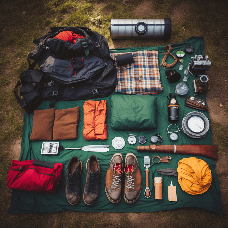 Camping gear laid on a blanket